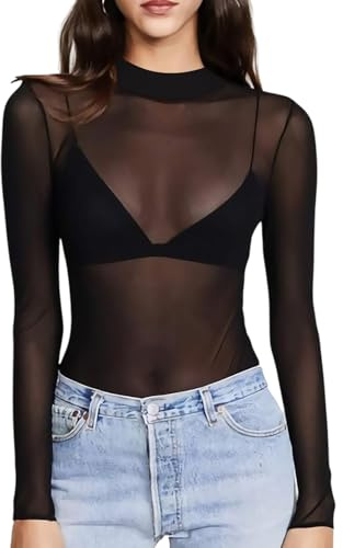 TUONYIS Hauts Transparents Femme T-Shirt à Manches Longues, Elastique Chemise Noir Manches Longues Top en Maille Sexy Blouse Sheer Tops en Filet pour Soirée Club (FR/ES, Alpha/Lettres, M, Noir)