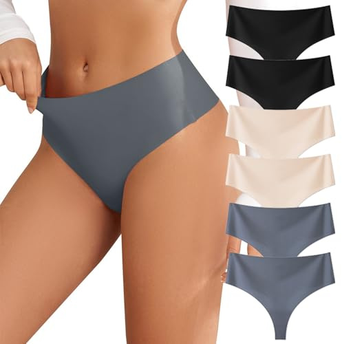 EWIGELIEBE Lot de 6 strings sans coutures pour femme Sous-vêtements invisibles respirants et doux Taille haute S-XL, noir, beige, gris, S
