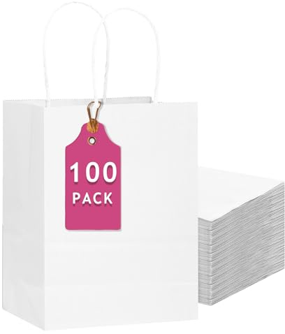 Gcardist Lot de 100 sacs cadeaux blancs avec poignées en vrac 13x10.3x4.6 grande taille sacs en papier utilisations multiples (33x26x13cm, grande taille)