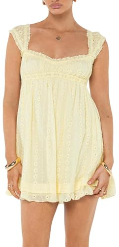 Women Ruffle Mini Dress Lace Strap Square Neck Babydoll ShortDress Sleeveless Flowy Mini Dress Y2K Swing Sundress