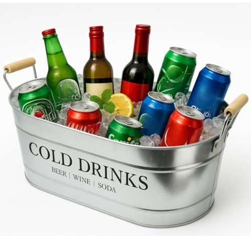 Trendi 20L Large Oval Party Tub – Galvanized Steel Beverage Cooler with Wooden Handles, Ice Bucket for Indoor/Outdoor Use, Ideal for BBQs, Parties, Events, and Drink Serving