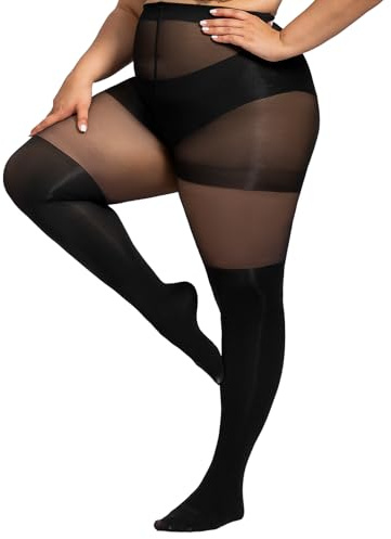 Yilanmy Mock Thigh High Tights for Women Plus Size Black Mock Hold Up Stockings Suspender Tights (Black, 3XL-4XL)