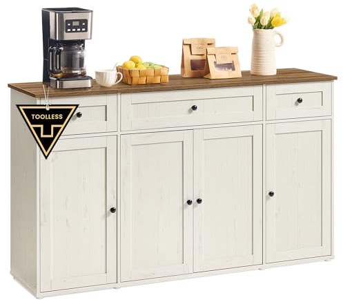 SONGMICS HOME Sideboard, superschnelle werkzeuglose Montage, Toolless-Technologie, Küchenschrank mit Arbeitsplatte, Buffetschrank, verstellbare Ablagen, vintageweiß-honigbraun BBK376WJ02