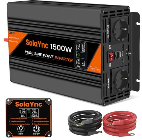 SolaYnc Inverter 1500W/3000W 12V 220/230V onda sinusoidale pura Inverter per auto con schermo LCD, telecomando, prese UE, porta USB, adatto per camper, roulotte, impianti solari
