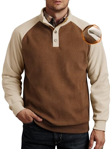 VOGSTART Mens Soft Running Pullover 2025 Solid Sweatshirt Warm Warm Corduroy Casual Winter Mandarin Collar Shirts Khaki & Coffee M