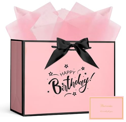AOOSU Sacchetti Regalo Eleganti, 1pcs Sacchettini Borsa Regali Compleanno, Sacchetti Regalo in Carta con 3 Involucri e 1 Biglietti Perfetto per Compleanni e Anniversari (Compleanno)