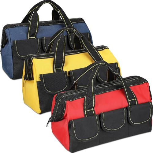 Xygobla 3 Pack Tool Bag,13 Inch Muti-Purpose Wide Open Mouth Tool Storage Bag with 5 Pockets Waterproof Tools Tote Bags Heavy Duty Tools Organiser for Home Repairs,Garage Storage,Professional Work