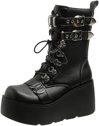 Gothic Boots Women UK, Womens Chunky Ankle Boots Goth Platform Wedge Booties with Side Zip Lace Up Round Toe Zipper High Heels Rave Buckle Combat Thick Sole Y2K Gothic Shoes for Ladies Girls Black