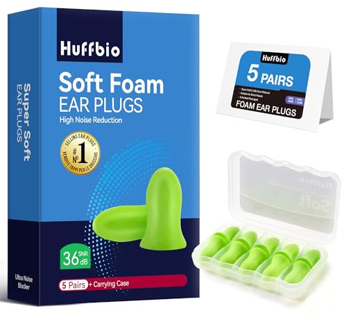 HUFFBIO Öronproppar Med Adaptivt Skum - 36 dB SNR Labtestad, SGS-certifierad Hypoallergen, Ergonomiskt Lågtrycksdesign | 5 Par, Idealisk För Sida- Och Lätta Sovare