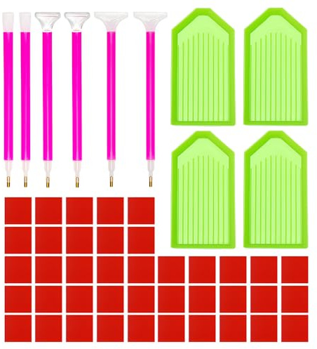 Accessori Pittura Diamante,4 Vassoi Diamond Painting e 6 Penna Trapano,40 Mastici di Argilla Colla,HMCEY Set Di Strumenti per Pittura a Diamante,Penna Nail Art Unghie per Adulti o Bambini, Fai da Te