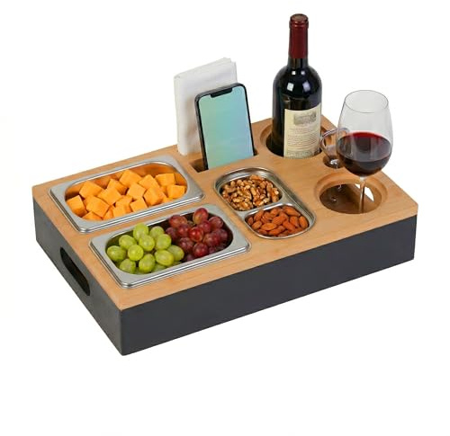 Relaxdays Couchbar, bambú, 3 Cuencos INOX para Snacks, Porta Bebidas, Soporte móvil, Bandeja para sofá, Negro/Natural