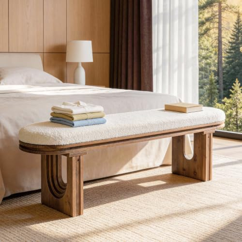 TRIBEWOOD Banc Bout de Lit Banquette Moderne, Bois Massif Banc d'entrée avec Rembourrage, 120 x 30 x 45 cm, pour Entrée Salon Chambre à Coucher, Brun Rustique et Blanc