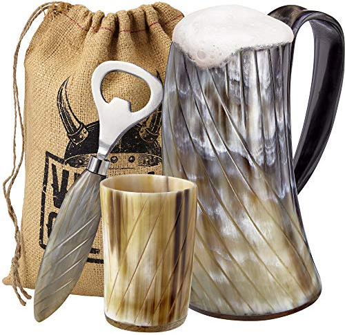 Viking Culture Ox Horn Mug, Shot Glass, and Bottle Opener (3 Pc. Set) Authentic 16-oz. Ale, Mead, and Beer Tankard | Vintage Stein with Handle | Polished Finish | Diagonal Stripes