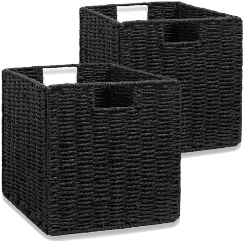 Aluusy Korb Aufbewahrung Geflochten 2er Set Handgewebte Faltbar Aufbewahrungskörbe mit Griffen, 28x28x28cm Groß Flechtkorb für Bad, Regal, Küche, Schlafzimmer, Lernen, Wohnzimmer (Schwarz)