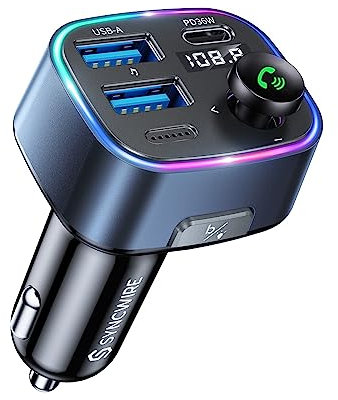 Syncwire FM Transmitter Auto Bluetooth 5.4 48W (PD 36W & 12W) Bluetooth Adapter Auto mit [Lichtschalter] [HiFi-Bass-Sound] [Schnellladen] Freisprecheinrichtung Autoladegerät Zigarettenanzünder