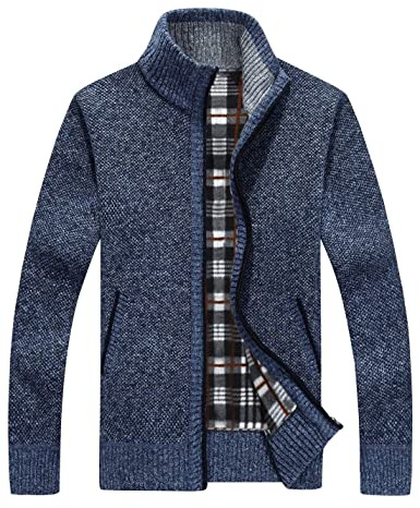 Vanchenl Cardigan casual da uomo con cerniera integrale, vestibilità aderente, colletto alla coreana, lavorato a maglia, con tasche, Blu, XL