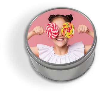 Scatola in alluminio tonda personalizzata, Scatola box portaoggetti in latta, rettangolare, personalizzabile con Foto, Frase, Logo (Tondo 12x12)