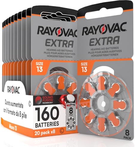 160 Hearing Aid Batteries Size 13 Rayovac Extra PR48 Orange - 20 Blisters of 8 Batteries