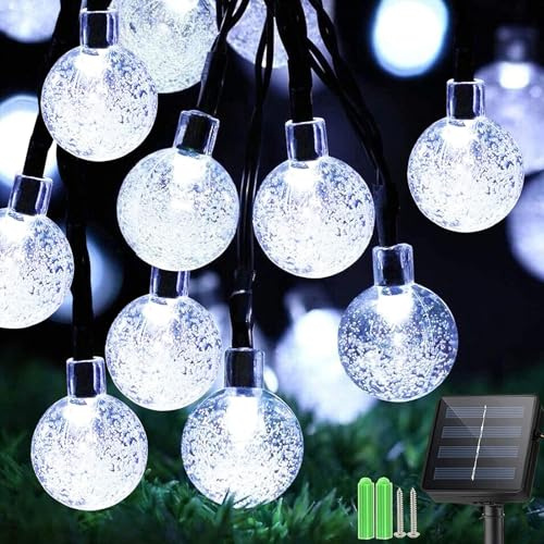 Sunlisky Solar Lichterkette Outdoor 7m (33 LED) – IP65 Wasserdichte Kristallkugeln mit 800mAh, 8 Modi & Kaltweiß – Solar Gartenbeleuchtung & Gartendeko für Terrasse, Balkon, Bäume, Hochzeit, Party