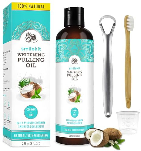 Natürliches Kokosöl Mundspülung Mit Zungenschaber & Bambuszahnbürste 8 Fl.oz Mundwasser Mit Kokosnuss & Pfefferminzöl Mundziehöl Alkoholfreies Mundgeruch Bekämpfen Frischer Atem Zahnaufhellung (237ml)