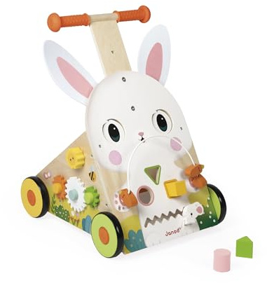 Janod Chariot Multi-Activités Ferme, Carretto di Legno da Spingere, 9 attività, Sistema frenante Brevettato e Ruote silenziose, Giocattolo evolutivo per Bambini, da 12 Mesi, J03326