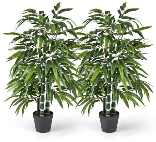 Goplus Artificial Bamboo Tree, 50 Tall Set of 2 Fake Plant with 3 PE Bamboo Trunk & Flush Leaves, Potted Faux Greenery Floor Plants for Home Office Living Room Indoor Outdoor Decor