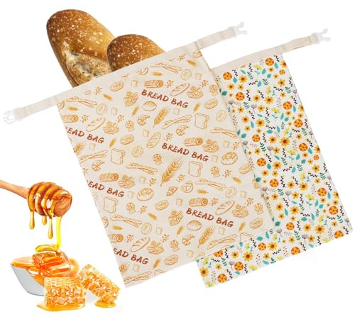 2 Stück wiederverwendbare Bienenwachs-Brotbeutel - Groß 43x33cm zur Lagerung von Sauerteig- und hausgemachtem Brot | Vollkommen natürliche Bienenwachs-Präservierung, umweltfreundliche Baumwoll-Ess