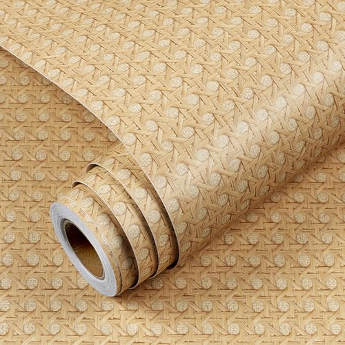 YENHOME Carta Adesiva per Pareti Effetto Rattan 60x300cm Carta da Parati Autoadesiva in Rattan Marrone Naturale per Cucina Bagno Soggiorno Pellicola Adesive per Mobili Armadio Intrecciato Liscia