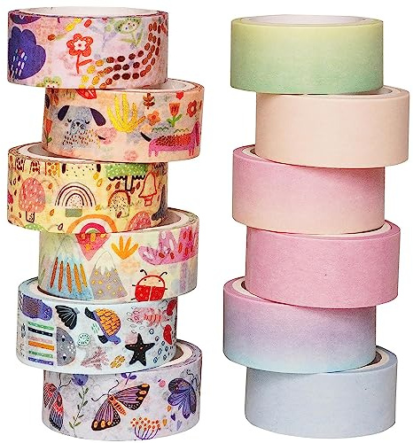 YUBX Washi tejp, 12 rullar Washi tejp set dekorativ Washi tejp söt guldfolie dekorativ maskeringstejp för gör-det-själv konst och hantverk