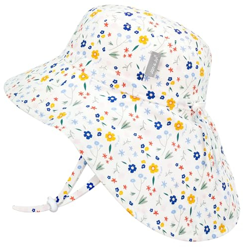 Jan & Jul Mädchen Baumwoll-Sonnenhut mit Nackenschutz, Faltbare Abenteuermütze für Kinder (XL: 5-12 Jahre, Wiesenblumen)