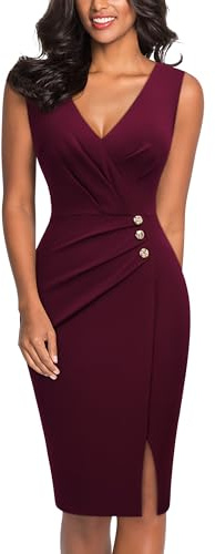 Miusol Women's Retro V Neck Sleeveless Split Style Business Ruched Work Pencil Dress (Large, Burgundy)