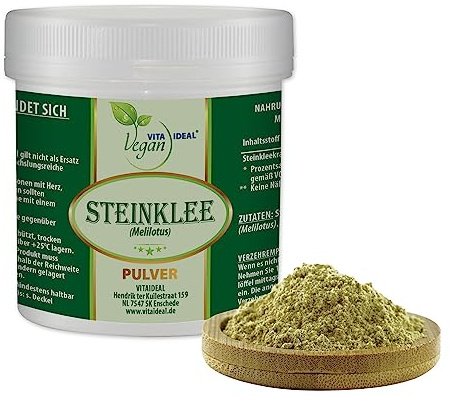 VITA IDEAL Vegan® STEINKLEE - Kraut 200g PULVER - Melilotus - Tagesportion 560mg STEINKLEEKRAUT, natürlich, pflanzlich & ohne Zusatzstoffe, Inklusive Messlöffel.