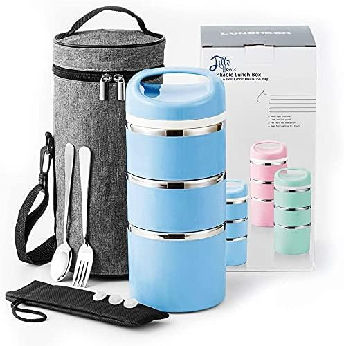 Lille Home 1380ml Stackable Stainless Steel Thermal Compartment Lunch Box, 3-Tier Insulated Bento/Food Container with Upgraded Lunch Bag and Silicone Seals