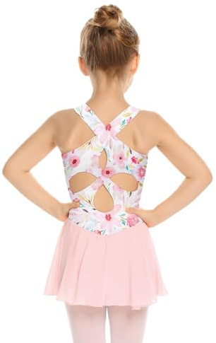 Arshiner Kid Girls Hollow Back Ballet Leotard with Skirt Sleeveless Dance Dresses White Floral