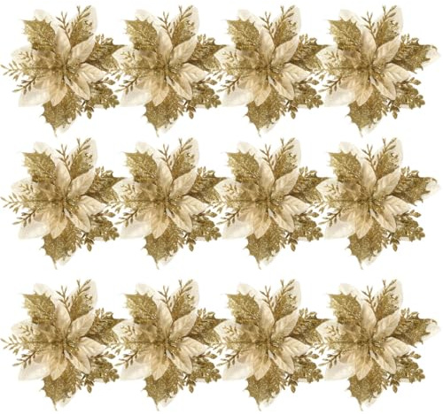 TOYANDONA 12Pcs di Natale di Scintillio Poinsettia Fiori Artificiale Poinsettia Fiori di Natale Oro Albero di Natale Ornamenti con Steli E Clip per La di Natale Decorazioni di Nozze