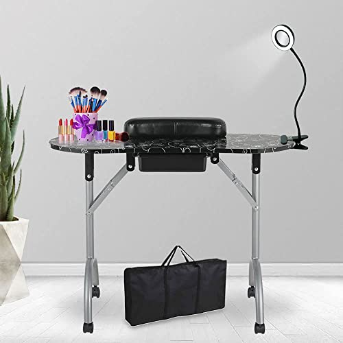 LEIBOU Station de travail professionnelle portable et pliable pour manucure avec loupe, lumière LED USB, roulettes, tiroir, éponge, sac de transport gratuit (noir) 91,4 cm de long
