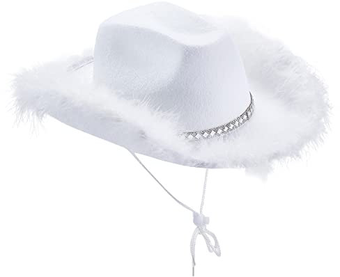 Geagodelia Damen Cowboyhut mit Flauschig und Glitzer Dekoration Cowgirl Hut Mütze Kopfbedeckung für Party Halloween Karneval Kostüm Kostümzubehör (A - Weiß)