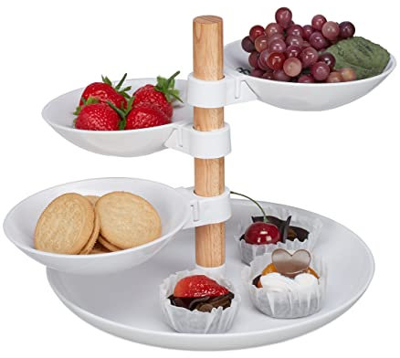 Relaxdays Etagere, 4 Tiers, Round Serving Stand, H x W x D: 19 x 26 x 24 cm, Plastic & Wood, White/Natural