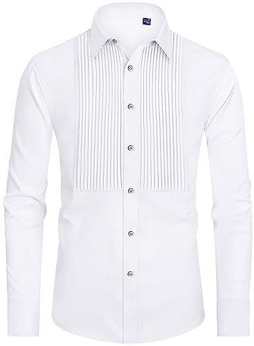 J.VER Men's Tuxedo Shirt Formal Dress Shirt Pleated Long Sleeve Button Down Shirts for Prom Party Wedding Solid White