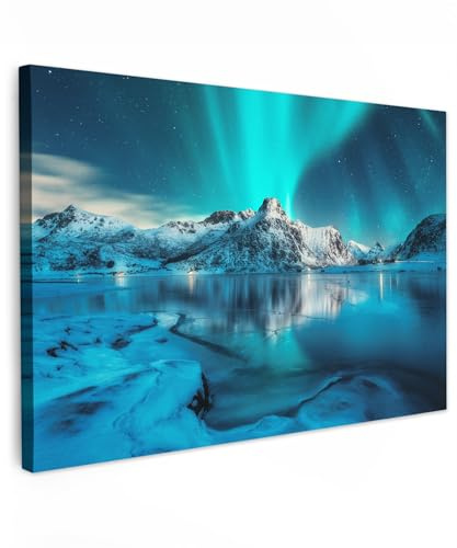 MuchoWow© Stampa su Tela 60x40 cm Canvas Quadri per il Soggiorno Quadro Camera da Letto Decorazioni Parete Aurora boreale - Ghiaccio - Neve - Norvegia - Blu - Montagna