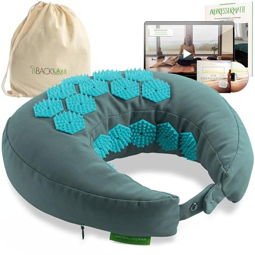 BACKLAXX ® Akupressur Nackenhörnchen mit Flip-Funktion und Buchweizen Füllung - Akupressurkissen Nackenkissen gegen Kopfschmerzen und Verspannungen im Nacken - Akupressur Nackenkissen Flugzeug, Auto