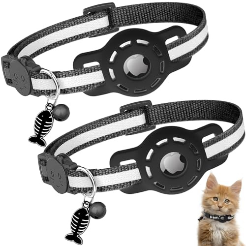 2PCS Collier Chat avec Accessoire Compatible Airtag, Réglable Réfléchissant Collier pour Chat avec Cloche, Anti étranglement et Boucle de Sécurité, Compatible avec Apple Airtag - Noir
