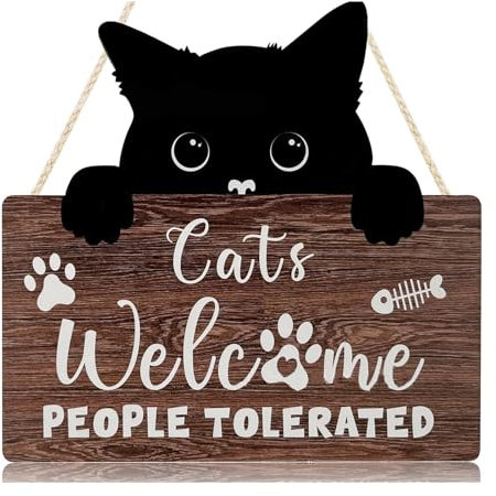 Cat Welcome Sign,Black Cat Welcome Wood Plaque for Home Decor,Funny Quote “Cats Welcome, People Tolerated” Door Hanging Decor,Pet Cats Lover Gifts for Outdoor Kitty Kitten Wall Art Pedimen