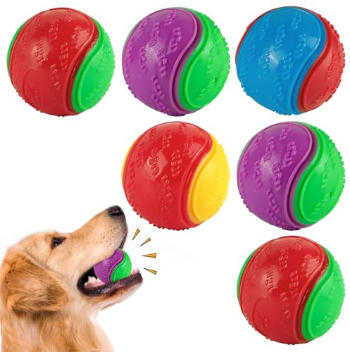 Sinmaklin Dog Balls Indestructible, 6 Pcs Squeaky Interactive Dog Ball, Chuck It Dog Ball, Rubber Dog Balls for Teeth Cleaning, Pet Training