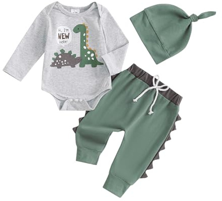 Vioyavo Infant Baby Boys Clothes Set Spring Fall 3Pcs Outfit Dinosaur Print Long Sleeve Romper Elastic Waist Sweatpants Beanie Hat (Gray, 6-12 Months)