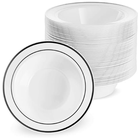 MATANA 25 Cuencos de Plástico Blanco con Borde Negro, 360ml - Cuencos Sopa, Platos Hondos para Bodas, Cumpleaños, Barbacoas, Fiestas - Resistentes y Reutilizables