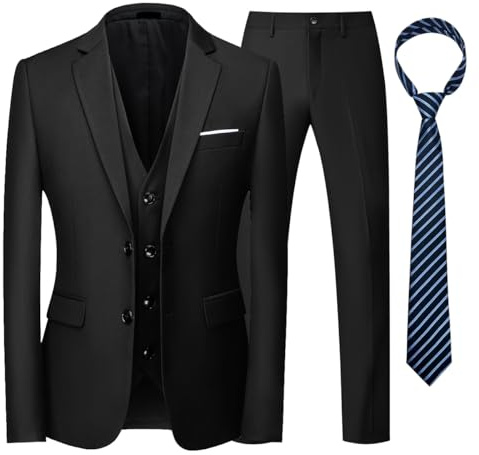 KUDORO Men Suits 3 Piece Slim Fit Single Breasted Two Button Wedding Tuxedo Suit Blazer Waistcoat Trousers with Tie（Black,2XL