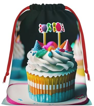 BBEXJIGY Bolsa de regalo de cumpleaños con estampado de tarta de cumpleaños, con cordón, poliéster, bolsa de regalo