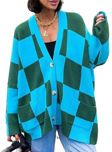 SANSIWU Womens Color Block Plaid Button Down Cardigan Long Sleeve Button Open Front Oversized Knit Tops Fall Winter Y2k Outfits (Blue, ONE Size)