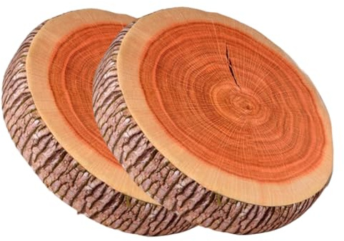 Log Pillow 2Pcs 15x15x3 Inch Wood Slice Round Throw Pillows with Sponge Stuffed Plush Floor Cushion for Home, Hotel, Camping Tent